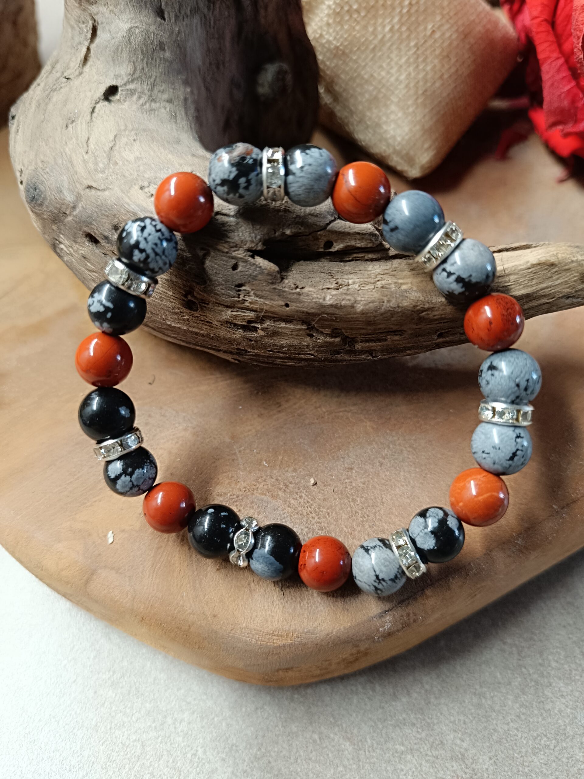Bracelet Perles Jaspe Rouge & Obsidienne Flocon De Neige - Fait Main, Taille Sur Mesure