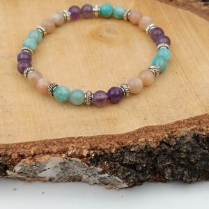 Bracelet Spécial "Bien Être" en Amazonite, Améthyste et Pierre de Soleil - perles de 6 mm