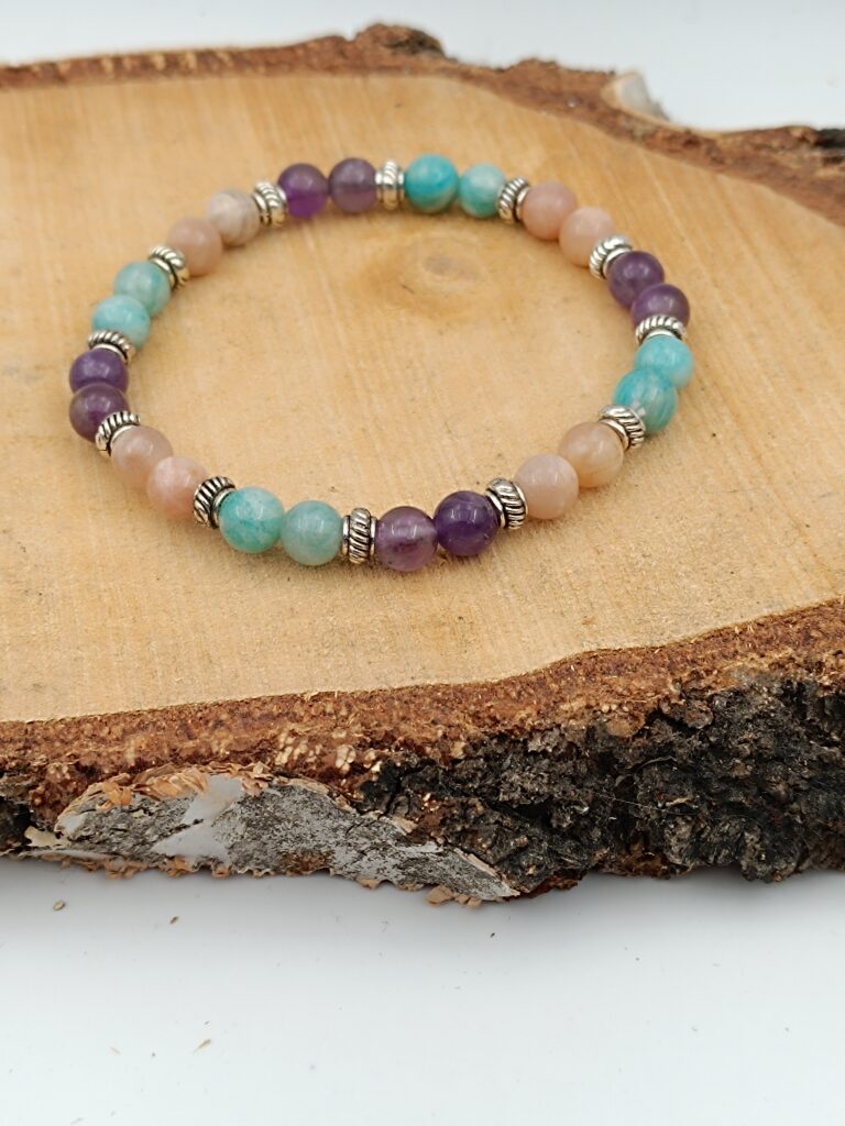 Bracelet Spécial "Bien Être" en Amazonite, Améthyste et Pierre de Soleil - perles de 6 mm
