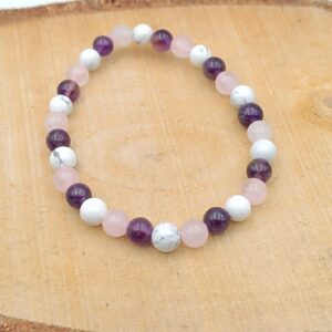 Bracelet Spécial "Calme et Sérénité" en Améthyste, Howlite et Quartz Rose - Perles de 6mm
