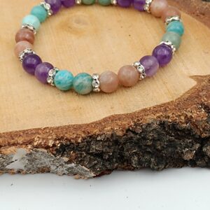 Bracelet Spécial "Bien Être" en Amazonite, Améthyste et Pierre de Soleil en perles de 8mm