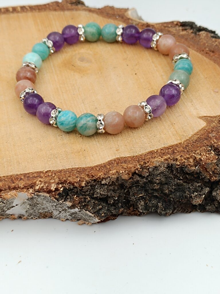 Bracelet Spécial "Bien Être" en Amazonite, Améthyste et Pierre de Soleil en perles de 8mm