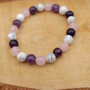 Bracelet Spécial "Calme et Sérénité"en Améthyste, Quartz Rose et Howlite - Perles de 8mm