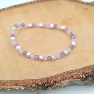 Bracelet Spécial"Calme et Sérénité"en Améthyste, Howlite et Quartz Rose - Perles de 4mm